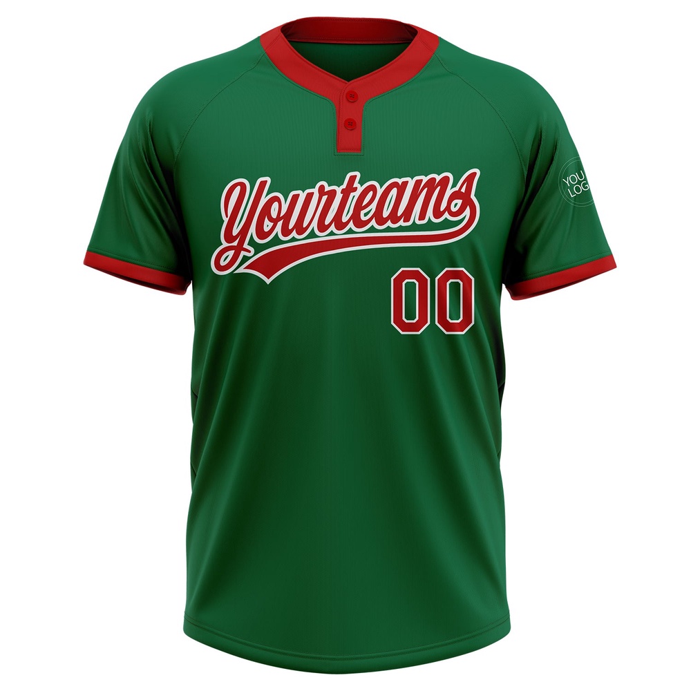 Kelly Green Red White Two Button Unisex Softball Jersey, Custom Team Softball Jersey