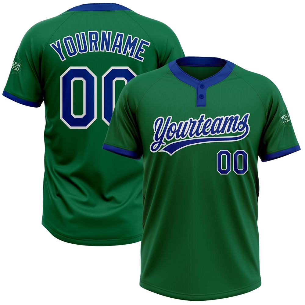 Kelly Green Royal White Two Button Unisex Softball Jersey, Custom Team Softball Jersey