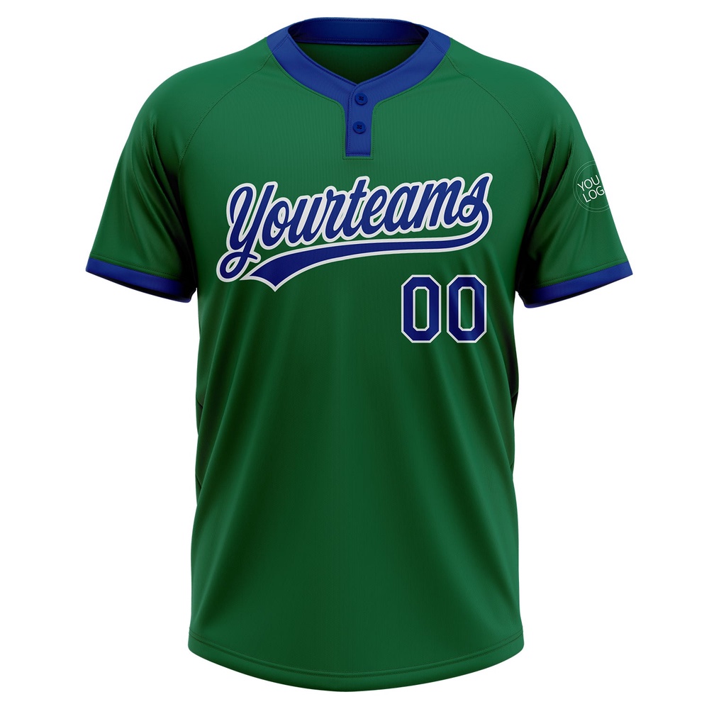 Kelly Green Royal White Two Button Unisex Softball Jersey, Custom Team Softball Jersey