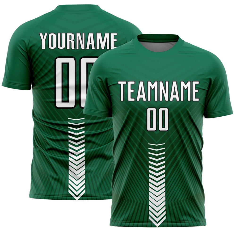 Kelly Green White Black Arrow Shapes Sublimation Soccer Uniform Jersey, Custom Team Soccer Jersey Shirt