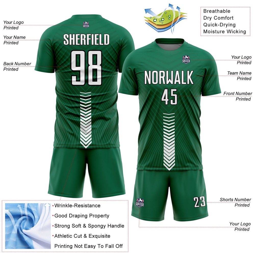 Kelly Green White Black Arrow Shapes Sublimation Soccer Uniform Jersey, Custom Team Soccer Jersey Shirt
