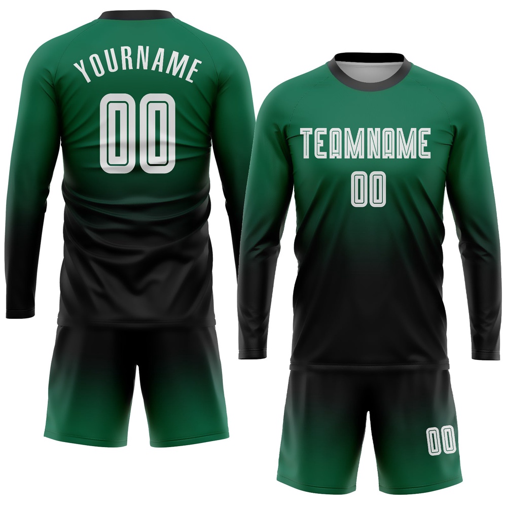Kelly Green White Black Sublimation Long Sleeve Fade Fashion Soccer Uniform Jersey, Custom Team Soccer Jersey Shirt