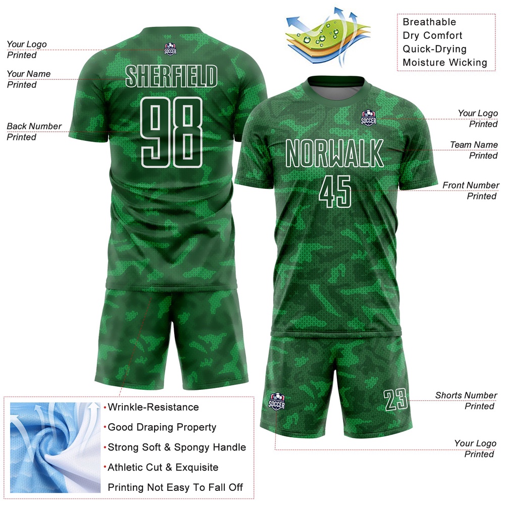 Kelly Green White Geometric Shapes Sublimation Soccer Uniform Jersey, Custom Team Soccer Jersey Shirt