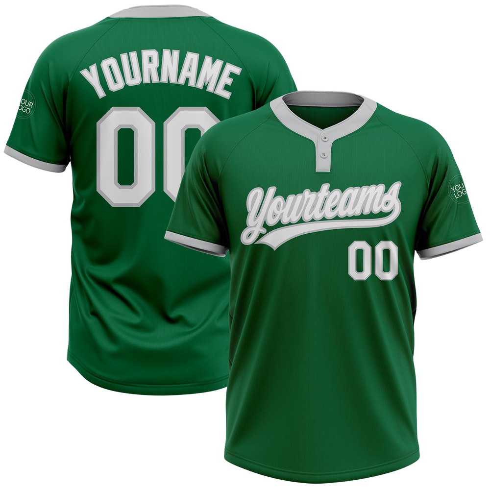 Kelly Green White Gray Two Button Unisex Softball Jersey, Custom Team Softball Jersey
