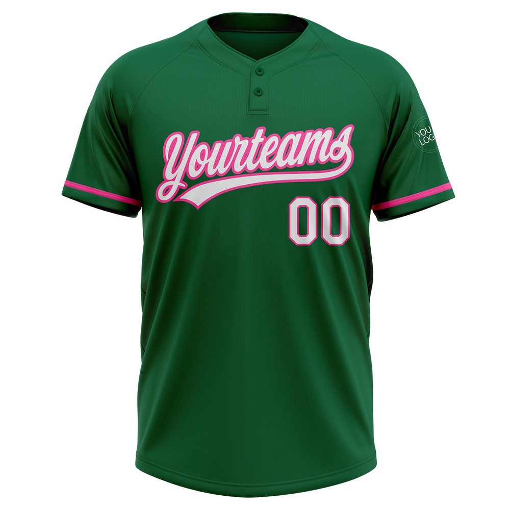 Kelly Green White Pink Two Button Unisex Softball Jersey, Custom Team Softball Jersey Kelly Green White Pink Two Button Unisex Softball Jersey, Custom Team Softball Jersey