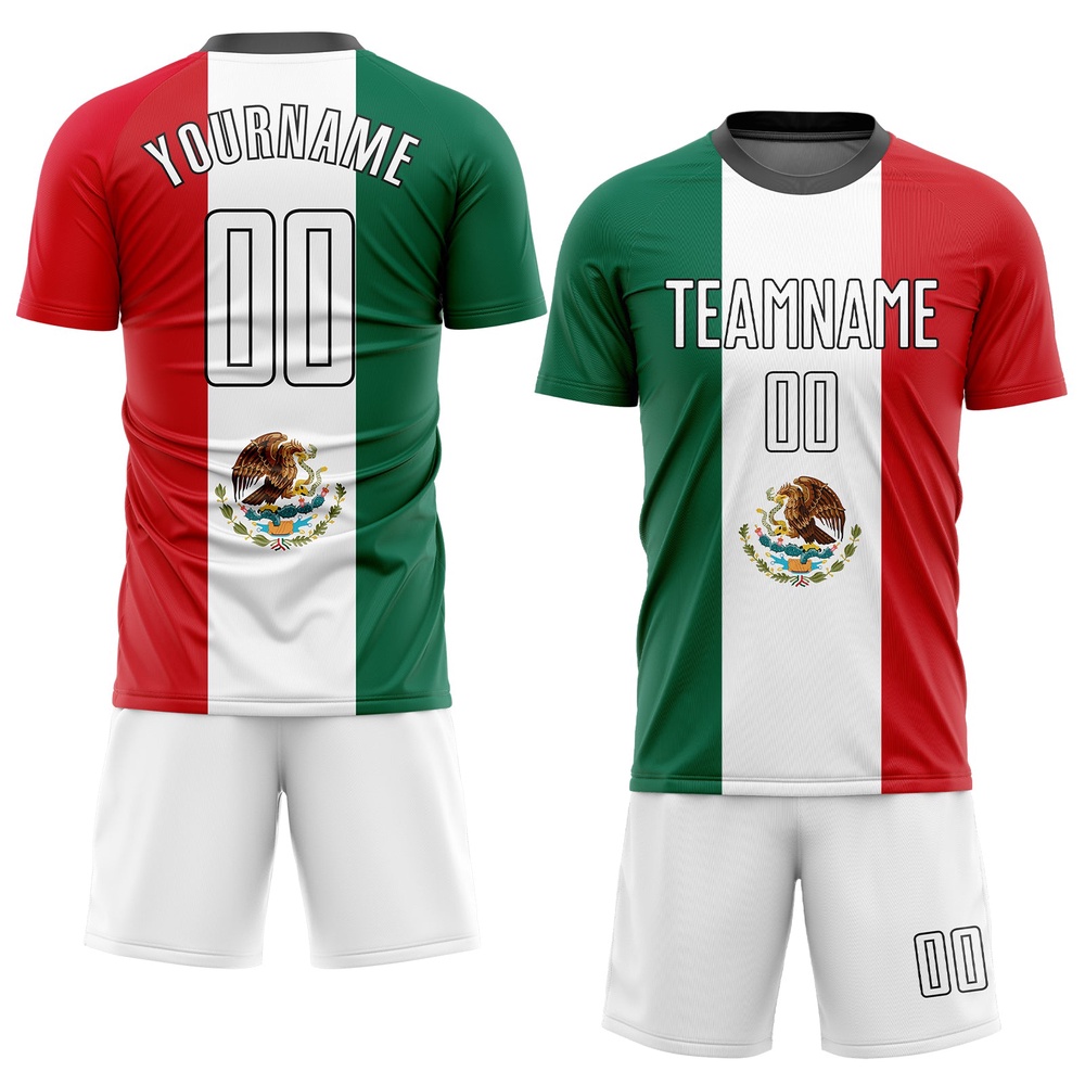 Kelly Green White Red Black Sublimation Mexican Flag Soccer Uniform Jersey, Custom Team Soccer Jersey Shirt