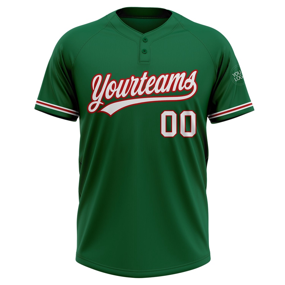 Kelly Green White Red Two Button Unisex Softball Jersey, Custom Team Softball Jersey