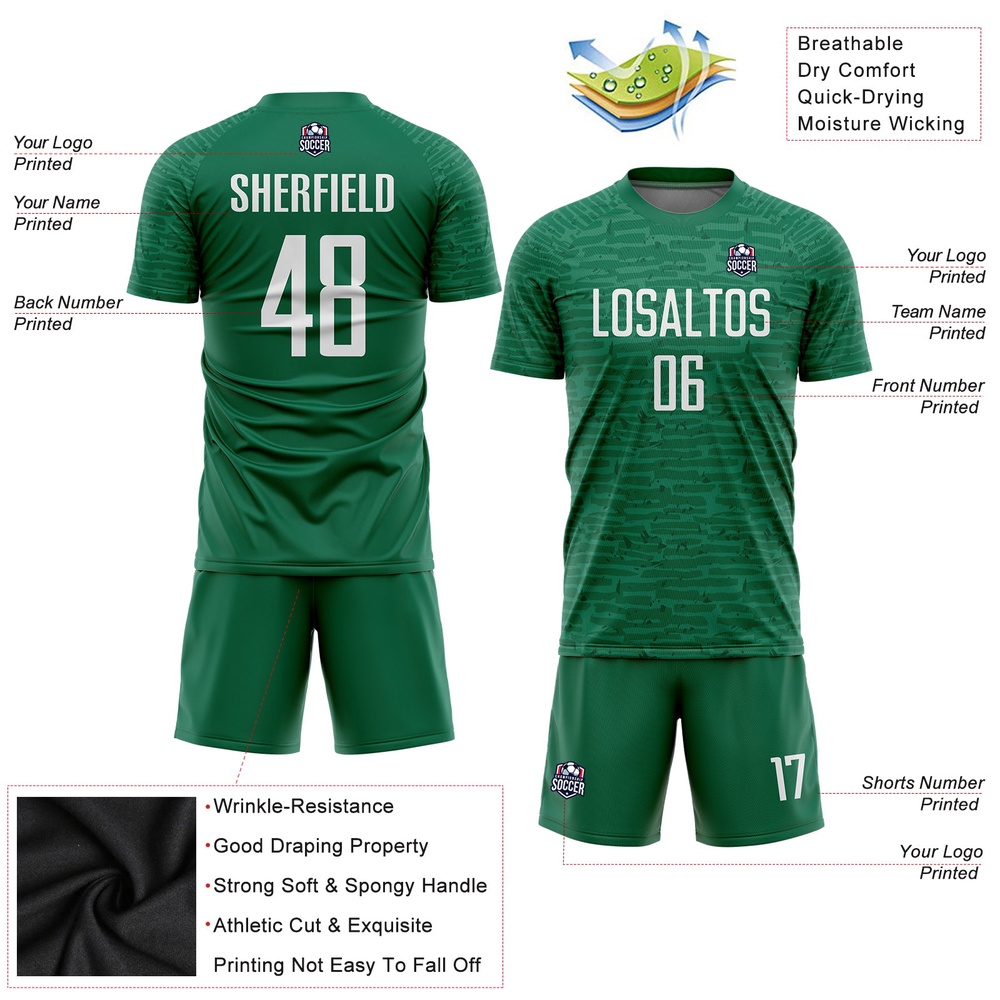 Kelly Green White Sublimation Soccer Uniform Jersey, Custom Team Soccer Jersey Shirt
