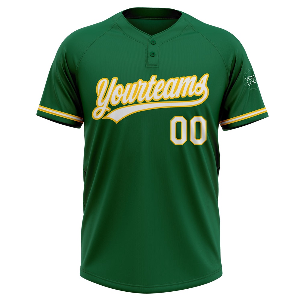 Kelly Green White Yellow Two Button Unisex Softball Jersey, Custom Team Softball Jersey Kelly Green White Yellow Two Button Unisex Softball Jersey, Custom Team Softball Jersey