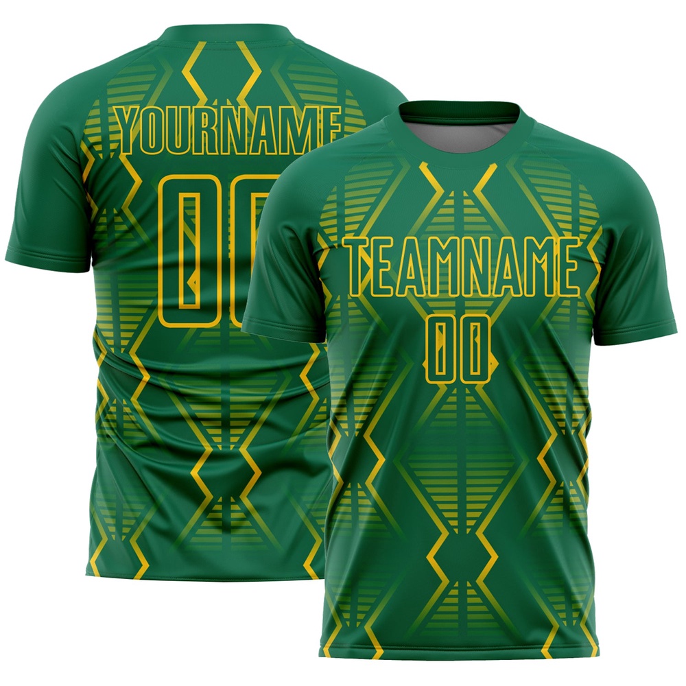 Kelly Green Yellow Geometric Shapes Sublimation Soccer Uniform Jersey, Custom Team Soccer Jersey Shirt