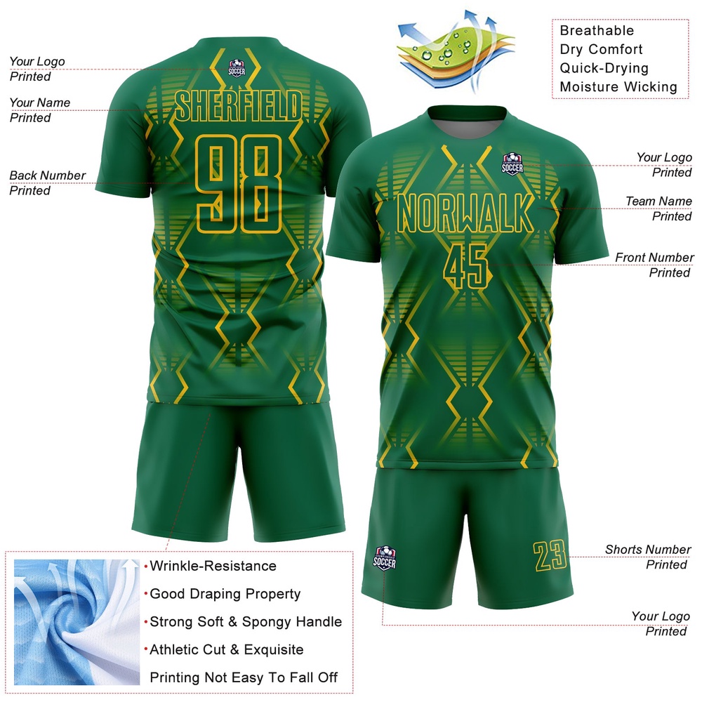 Kelly Green Yellow Geometric Shapes Sublimation Soccer Uniform Jersey, Custom Team Soccer Jersey Shirt