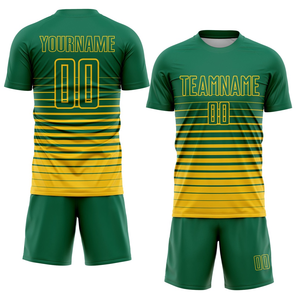 Kelly Green Yellow Pinstripe Fade Fashion Sublimation Soccer Uniform Jersey, Custom Team Soccer Jersey Shirt