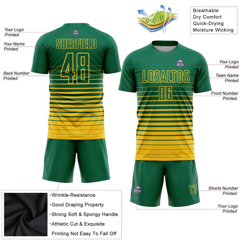Kelly Green Yellow Pinstripe Fade Fashion Sublimation Soccer Uniform Jersey, Custom Team Soccer Jersey Shirt