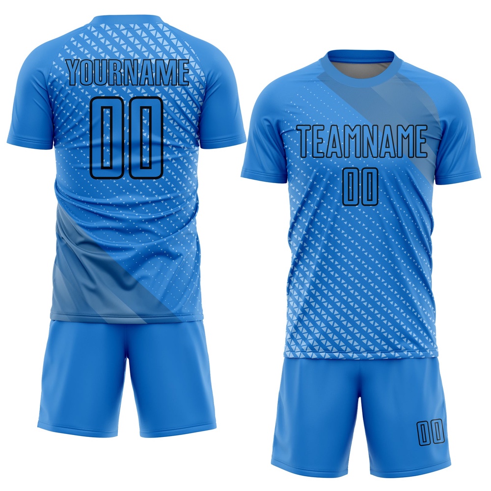 Lakes Blue Black Geometric Shapes Sublimation Soccer Uniform Jersey, Custom Team Soccer Jersey Shirt