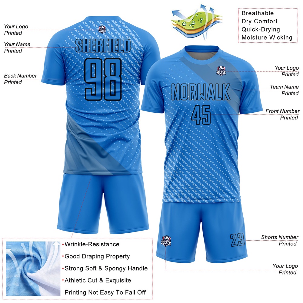 Lakes Blue Black Geometric Shapes Sublimation Soccer Uniform Jersey, Custom Team Soccer Jersey Shirt