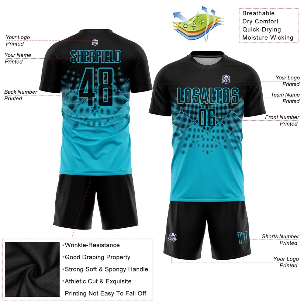 Lakes Blue Black Sublimation Soccer Uniform Jersey, Custom Team Soccer Jersey Shirt