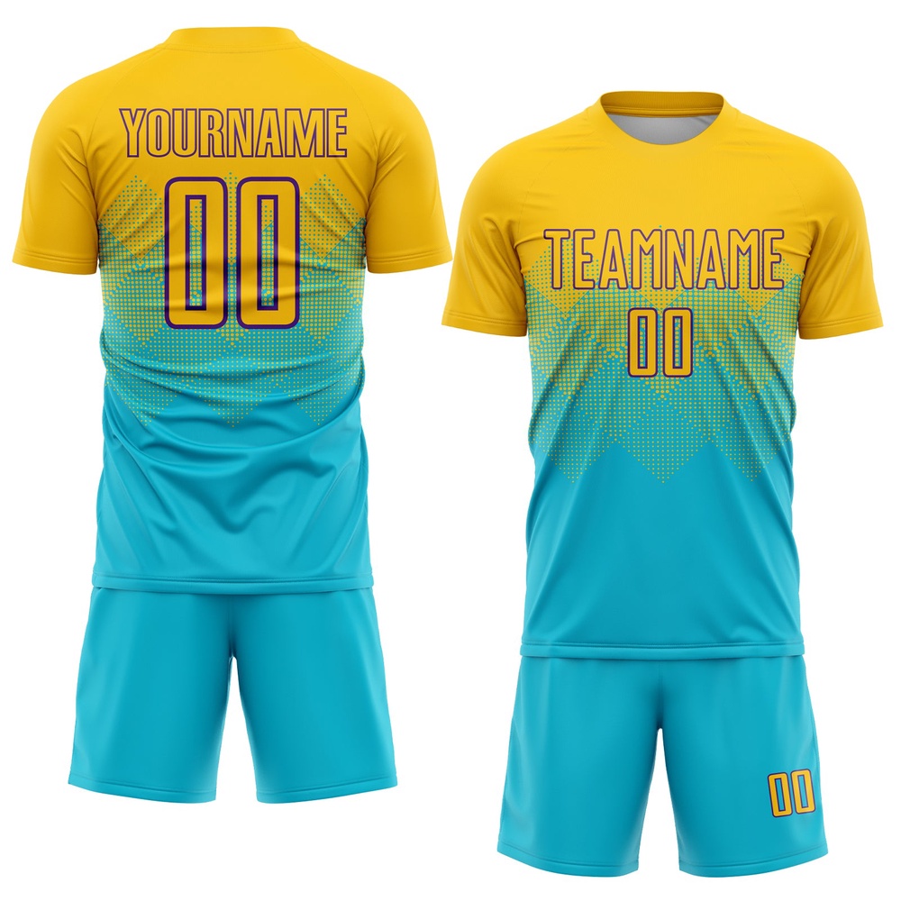 Lakes Blue Gold Purple Sublimation Soccer Uniform Jersey, Custom Team Soccer Jersey Shirt