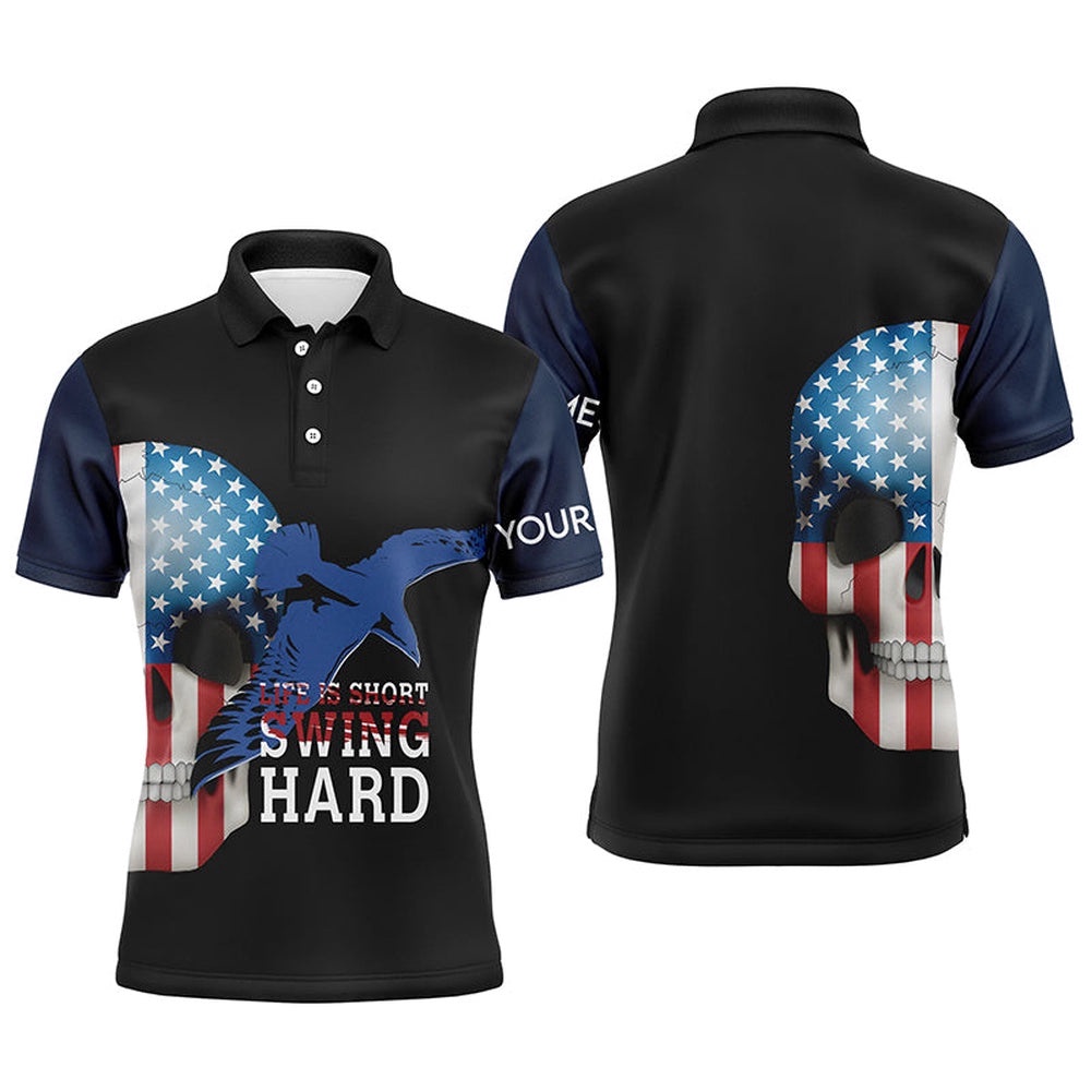 Life Is Short Swing Hard American Flag Skull Albatross Men’s Polo Shirt Golf Shirt For Men Golf Gift, Golf Polo Shirt, Golf Shirts