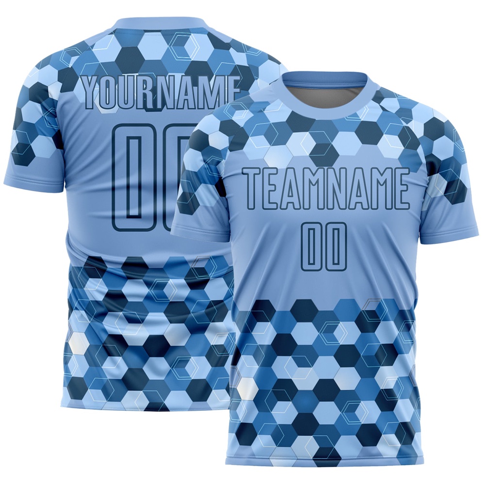 Light Blue Black Geometric Shapes Sublimation Soccer Uniform Jersey, Custom Team Soccer Jersey Shirt