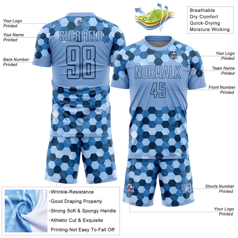 Light Blue Black Geometric Shapes Sublimation Soccer Uniform Jersey, Custom Team Soccer Jersey Shirt