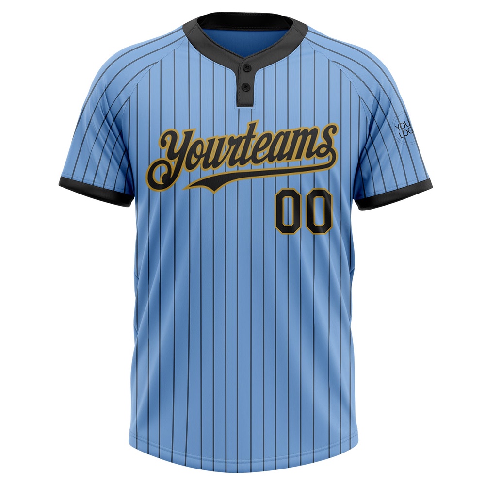 Light Blue Black Pinstripe Old Gold Two Button Unisex Softball Jersey, Custom Team Softball Jersey