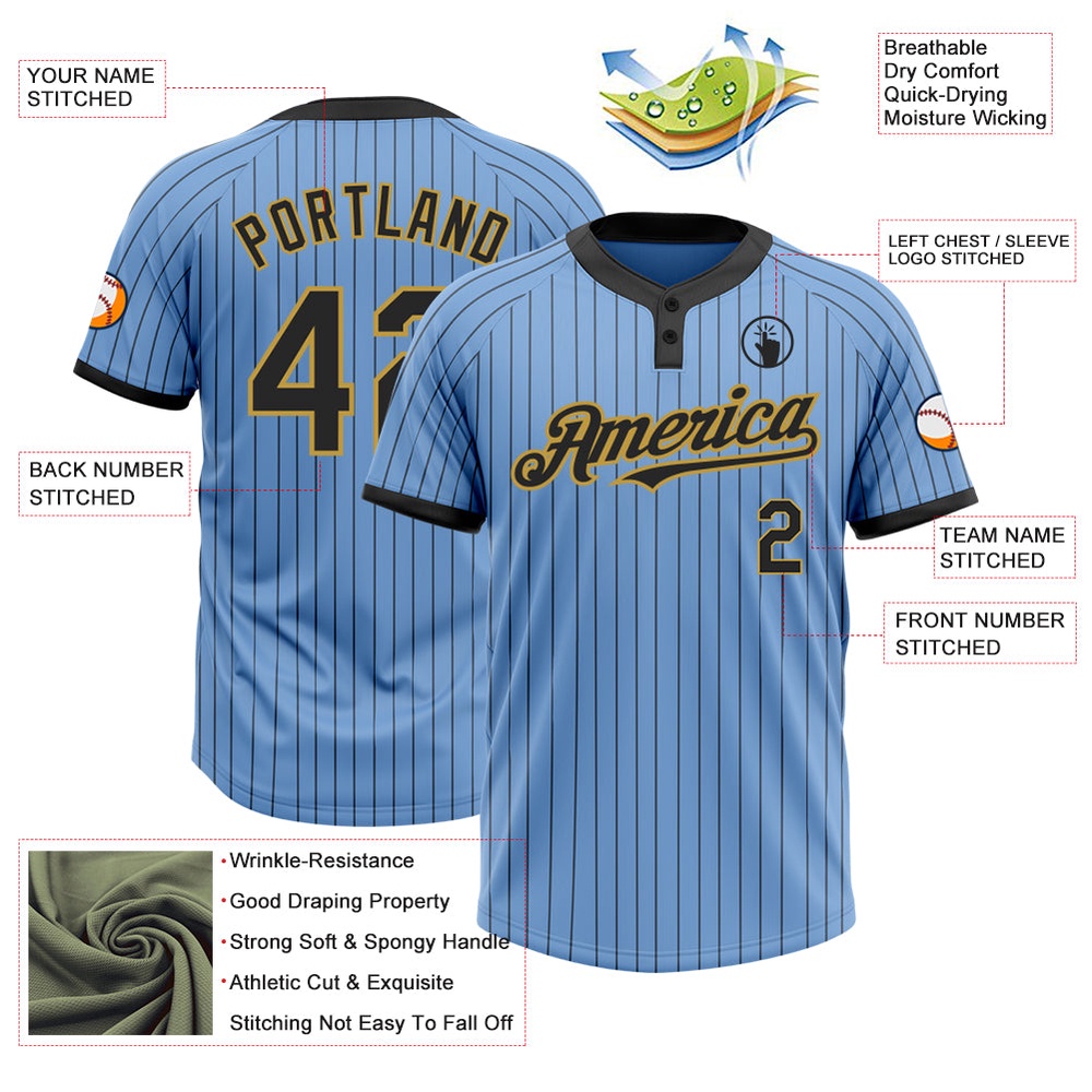 Light Blue Black Pinstripe Old Gold Two Button Unisex Softball Jersey, Custom Team Softball Jersey