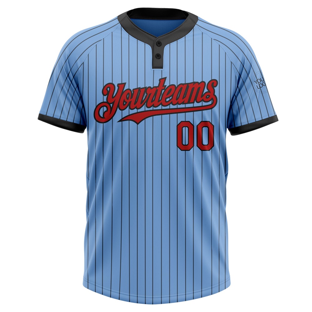 Light Blue Black Pinstripe Red Two Button Unisex Softball Jersey, Custom Team Softball Jersey
