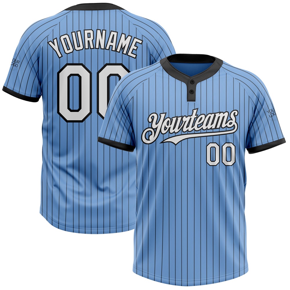 Light Blue Black Pinstripe White Two Button Unisex Softball Jersey, Custom Team Softball Jersey