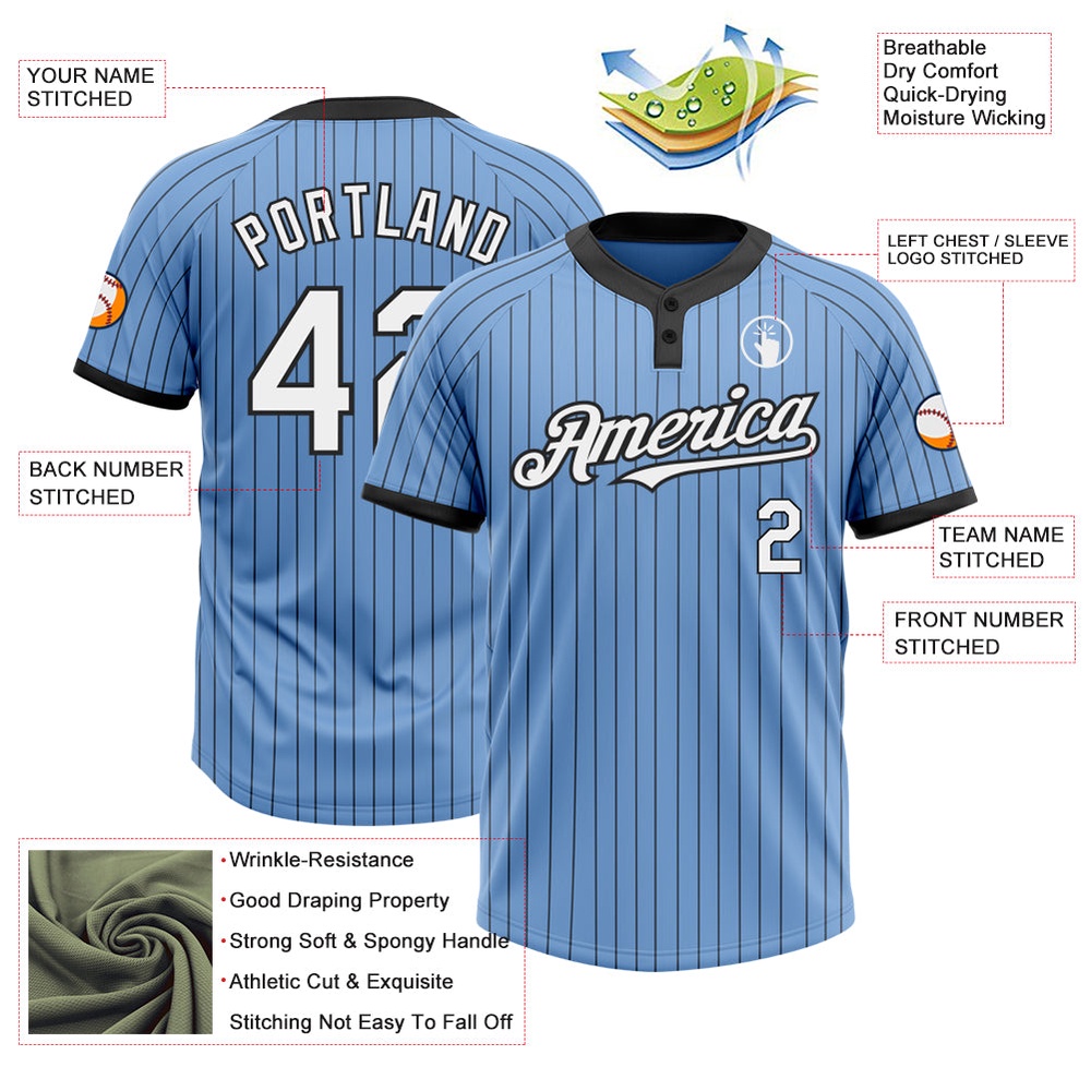Light Blue Black Pinstripe White Two Button Unisex Softball Jersey, Custom Team Softball Jersey