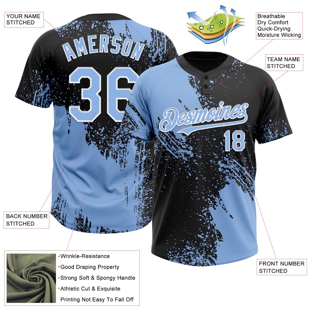 Light Blue Black White 3D Pattern Abstract Brush Stroke Two Button Unisex Softball Jersey, Custom Team Softball Jersey
