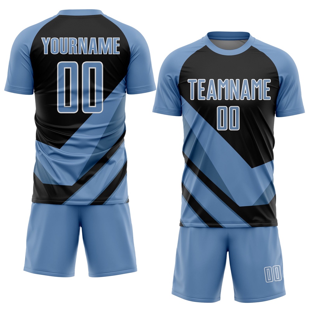 Light Blue Black White Arrow Shapes Sublimation Soccer Uniform Jersey, Custom Team Soccer Jersey Shirt