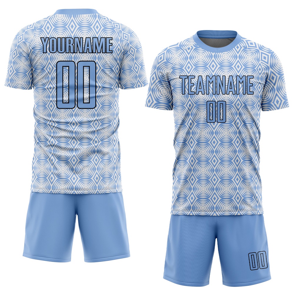 Light Blue Black White Geometric Shapes Sublimation Soccer Uniform Jersey, Custom Team Soccer Jersey Shirt