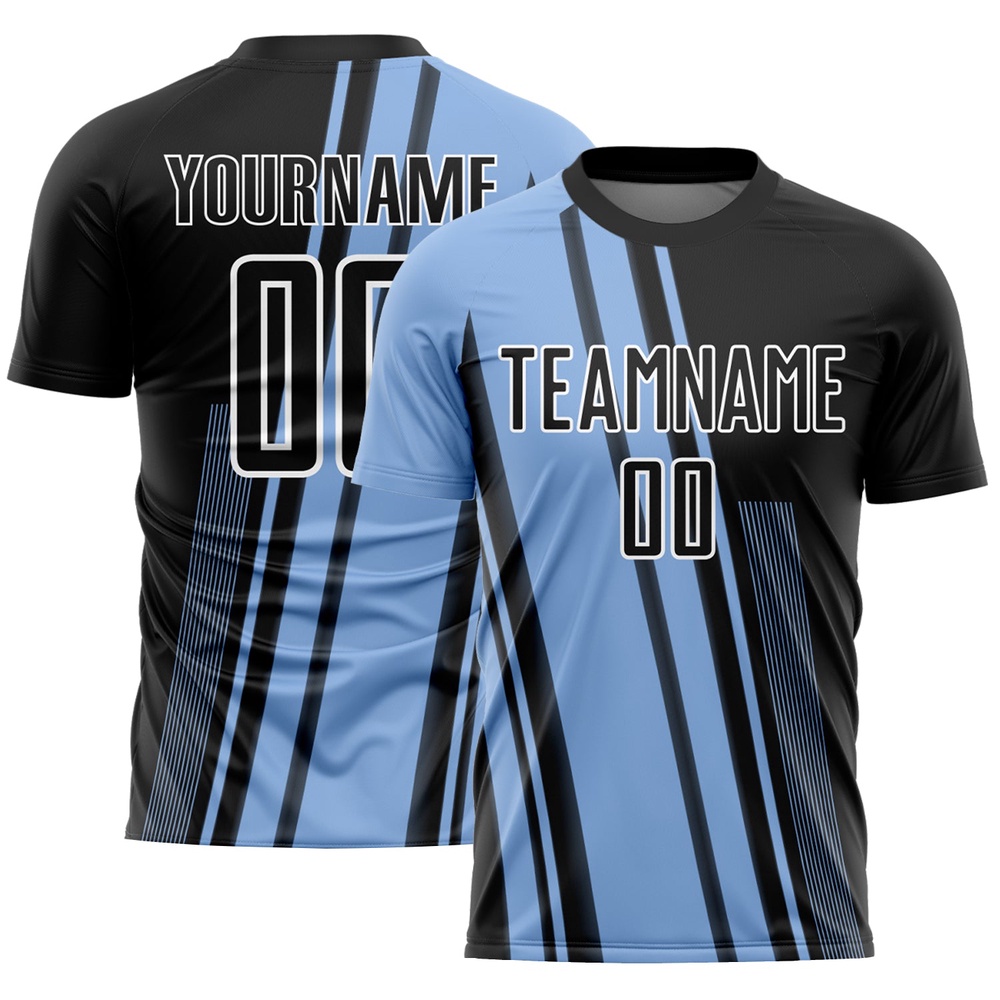 Light Blue Black White Lines Sublimation Soccer Uniform Jersey, Custom Team Soccer Jersey Shirt