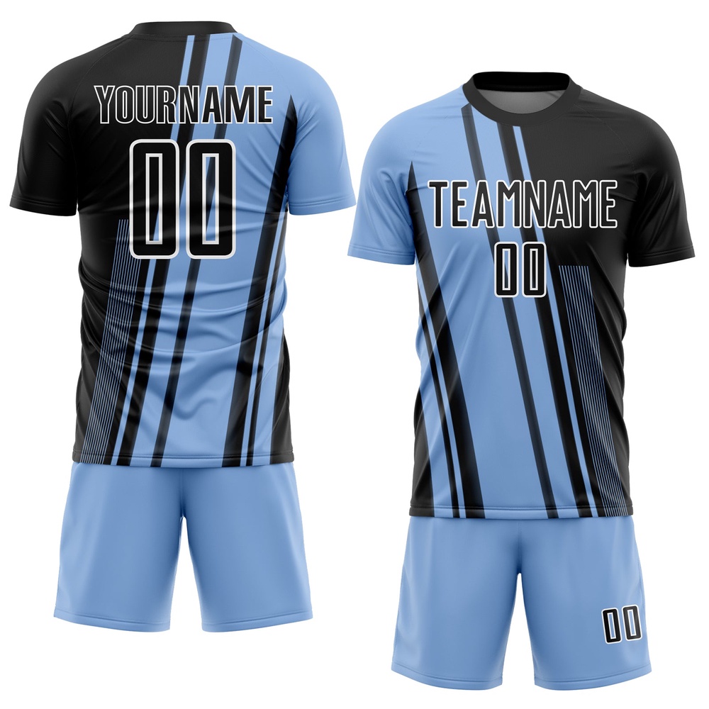 Light Blue Black White Lines Sublimation Soccer Uniform Jersey, Custom Team Soccer Jersey Shirt