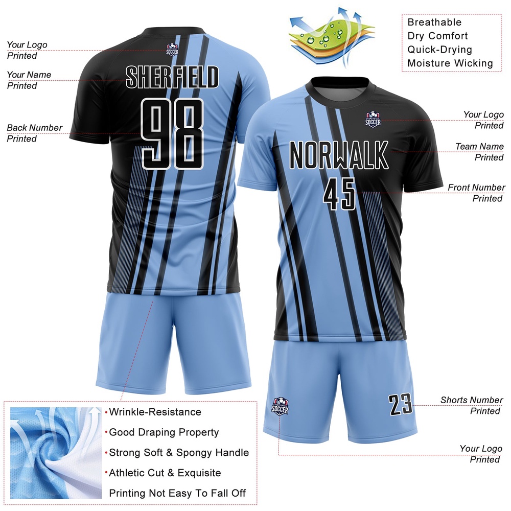 Light Blue Black White Lines Sublimation Soccer Uniform Jersey, Custom Team Soccer Jersey Shirt