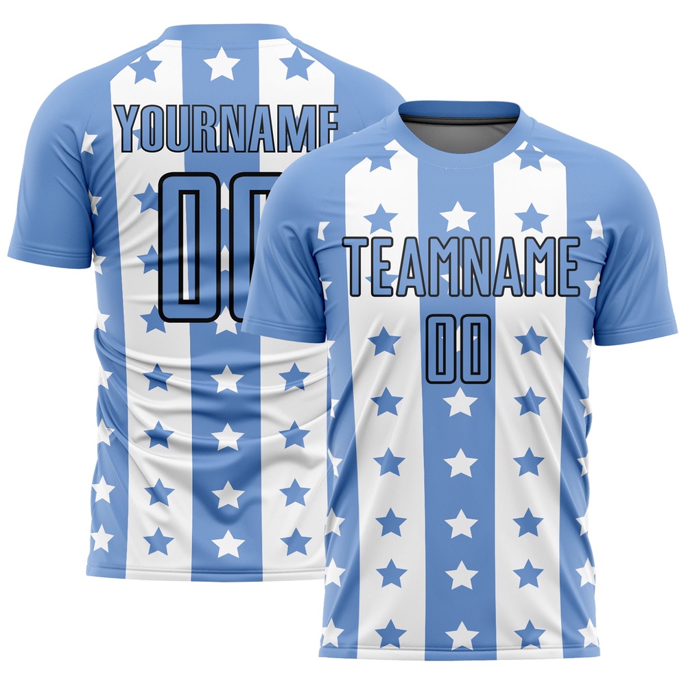 Light Blue Black White Stars And Stripes Sublimation Soccer Uniform Jersey, Custom Team Soccer Jersey Shirt