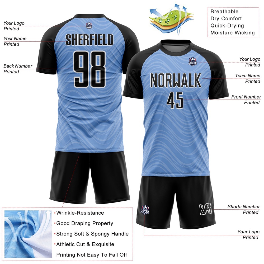 Light Blue Black White Wavy Lines Sublimation Soccer Uniform Jersey, Custom Team Soccer Jersey Shirt