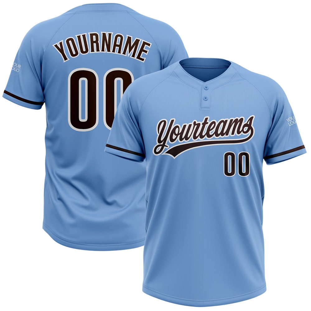 Light Blue Brown White Two Button Unisex Softball Jersey, Custom Team Softball Jersey