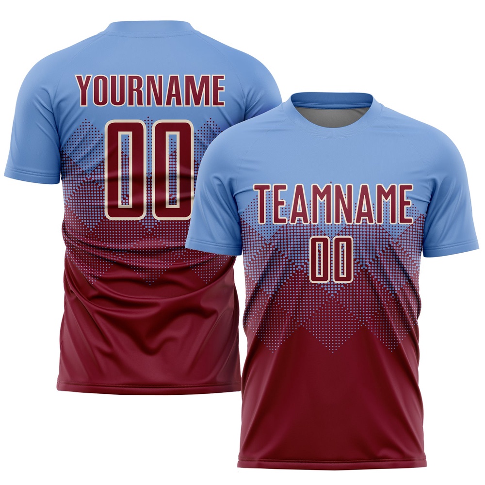 Light Blue Crimson Cream Sublimation Soccer Uniform Jersey, Custom Team Soccer Jersey Shirt