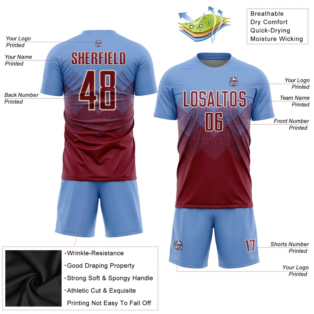 Light Blue Crimson Cream Sublimation Soccer Uniform Jersey, Custom Team Soccer Jersey Shirt