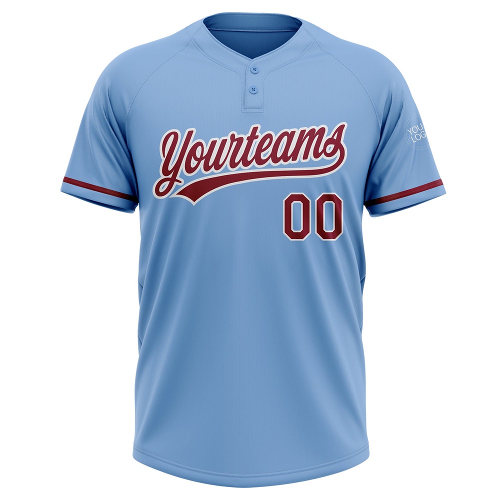 Light Blue Crimson White Two Button Unisex Softball Jersey, Custom Team Softball Jersey