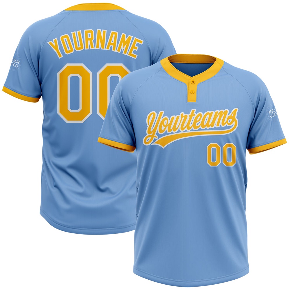 Light Blue Gold White Two Button Unisex Softball Jersey, Custom Team Softball Jersey