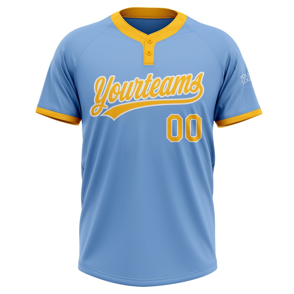 Light Blue Gold White Two Button Unisex Softball Jersey, Custom Team Softball Jersey