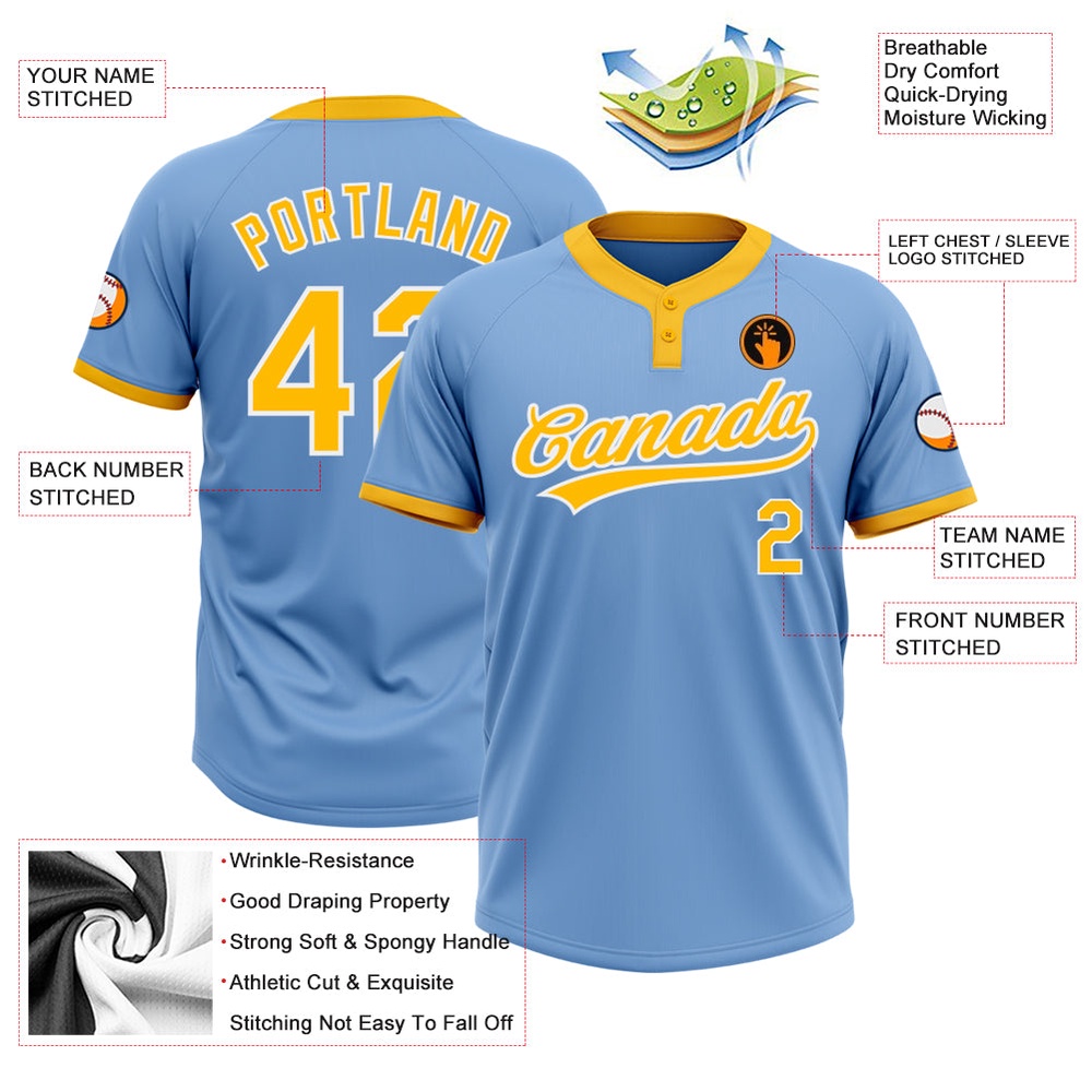 Light Blue Gold White Two Button Unisex Softball Jersey, Custom Team Softball Jersey