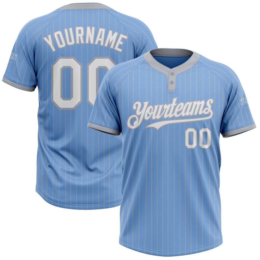 Light Blue Gray Pinstripe White Two Button Unisex Softball Jersey, Custom Team Softball Jersey