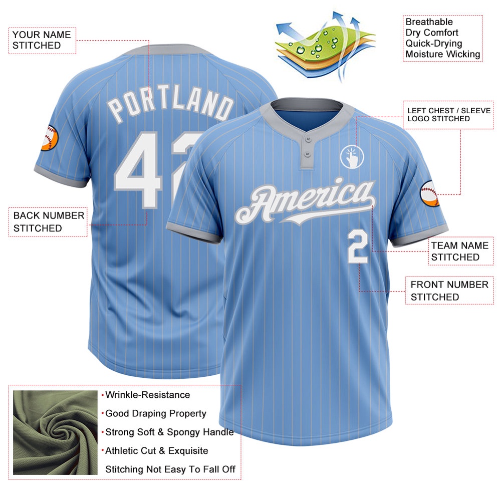 Light Blue Gray Pinstripe White Two Button Unisex Softball Jersey, Custom Team Softball Jersey