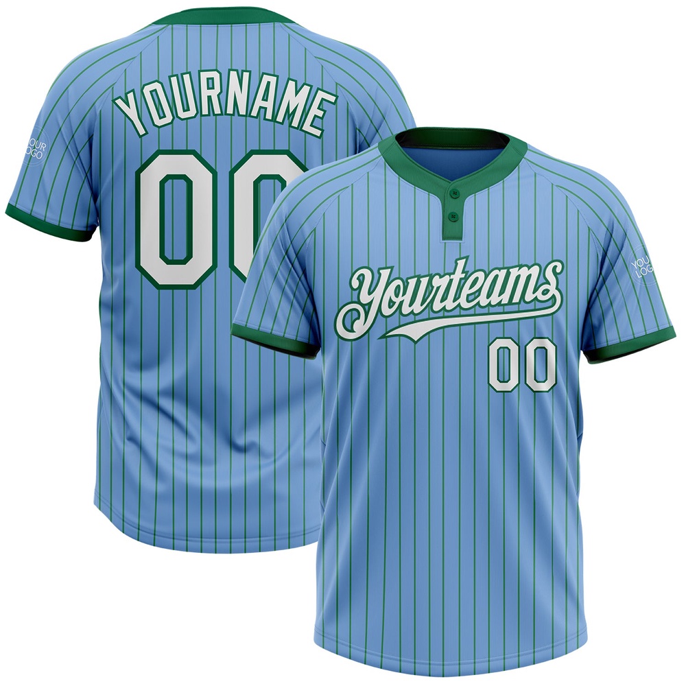 Light Blue Kelly Green Pinstripe White Two Button Unisex Softball Jersey, Custom Team Softball Jersey Light Blue Kelly Green Pinstripe White Two Button Unisex Softball Jersey, Custom Team Softball Jersey