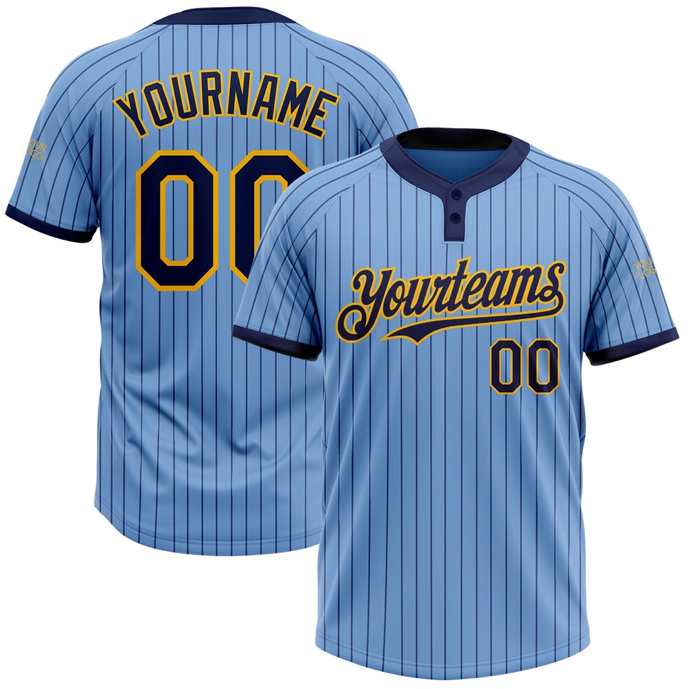 Light Blue Navy Pinstripe Gold Two Button Unisex Softball Jersey, Custom Team Softball Jersey Light Blue Navy Pinstripe Gold Two Button Unisex Softball Jersey, Custom Team Softball Jersey