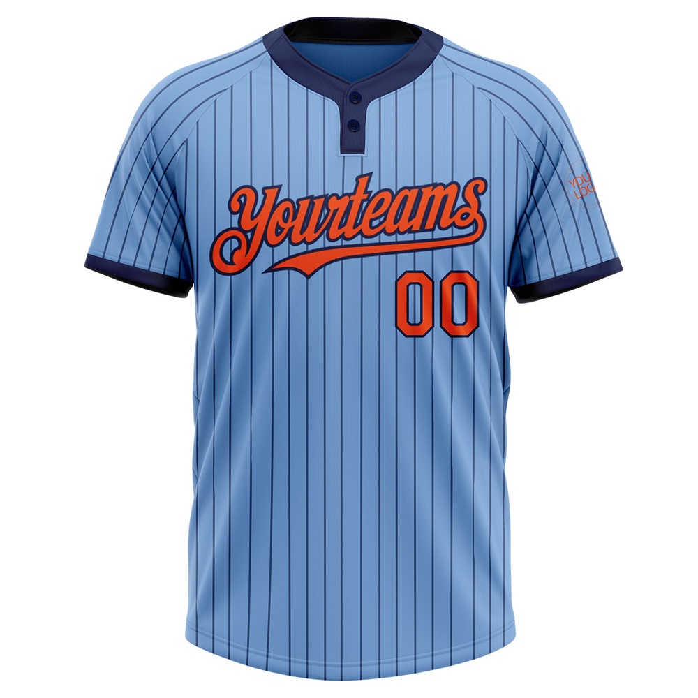 Light Blue Navy Pinstripe Orange Two Button Unisex Softball Jersey, Custom Team Softball Jersey Light Blue Navy Pinstripe Orange Two Button Unisex Softball Jersey, Custom Team Softball Jersey