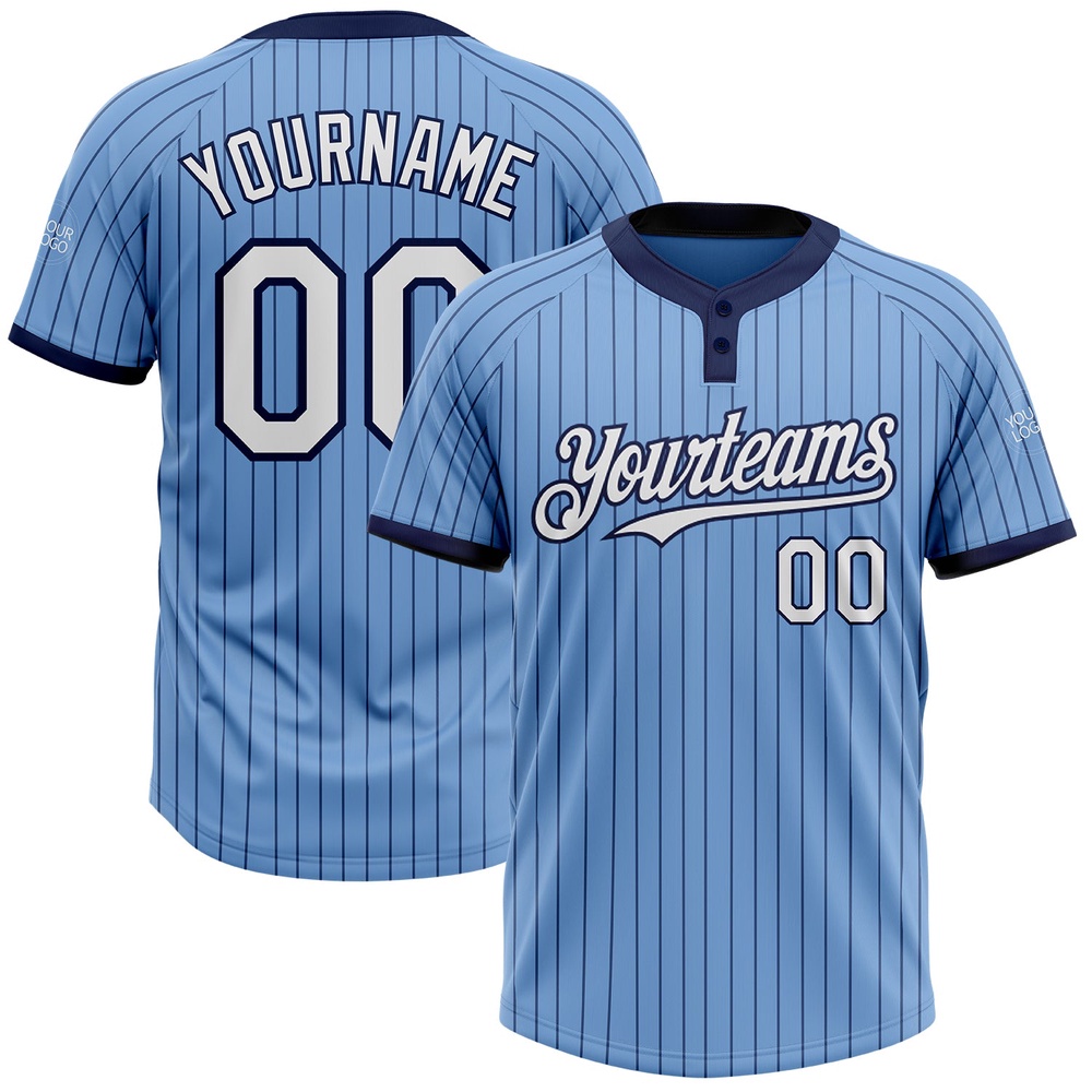 Light Blue Navy Pinstripe White Two Button Unisex Softball Jersey, Custom Team Softball Jersey Light Blue Navy Pinstripe White Two Button Unisex Softball Jersey, Custom Team Softball Jersey
